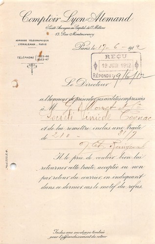 1912 comptoir lyon allemand - 1912, a