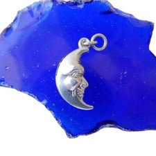 Ancien Pendentif Victorien, Lune Biface, 2 visages, Charm Argent Massif Breloque