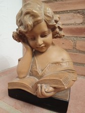 STATUETTE ANCIENNE-BUSTE JEUNE FILLE LISEUSE-FRANCE-PLATRE-31X23-DEBUT XXeme