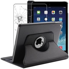 Coque Apple iPad Air 2 Housse Etui Rotatif 360 PU Cuir + VERRE Trempé, Noir