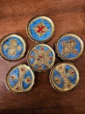  6 coupelles dessous verre jaune or multicolore , bois dorure