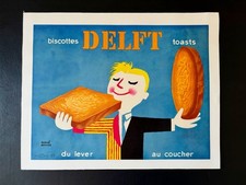 Affiche ancienne originale  « BISCOTTES DELFT » - HERVÉ MORVAN -60’s