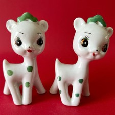 2 Figurines biches vintage céramique Japon Kitsch kawaii polka dot deer big eyes