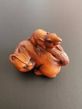 Antique Japanese Boxwood Netsuke Ojimi  - Mouse & Cat Funny SIGNED 学良
