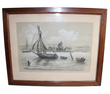 Ancien tableau dessin crayon et pastel, signé Desforges, marine bateaux