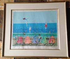 Estampe Lithographie Plage signée Madeleine DE LA GIRAUDIERE (1922-2018) EA