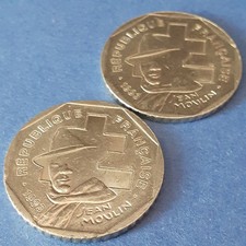 2 Pièces commémoratives de 2 francs Jean Moulin en nickel 1993 SUP nettoyées.