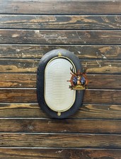 Applique murale ovale industrielle en bois laiton avec verre blanc et décor m...