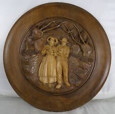 XXL Antique French Hand Carved Wood Solid Wall Plate Breton A Couple 17" diam