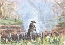 HUBERT GAUDIN Aquarelle Originale Paysage Campagne Rivière Paysanne XXe #7