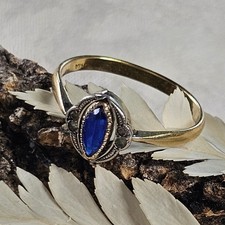 Bague Art Déco Doublé Or Argent Verre Couleur Bleu Saphir Navette Taille 59