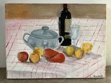 Tableau Peinture Nature Morte Fruits Et Vin, Huile Sur Toile Signé