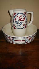 Ensemble de toilette ancien : broc et cuvette,faïence de Salins modèle Roncevaux