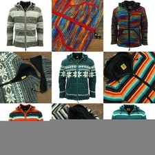 Main Laine Tricot Veste Capuche Cardigan Népal Doublé Chaud Hippie Fermeture