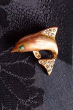Broche Vintage Épinglette Or Dauphin Strass Bijoux Fantaisie