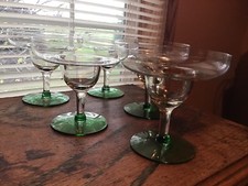 5 Crystal Blown Glass Green Base Margarita Cosmo Cocktail Glasses