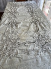 Grande Nappe Ancienne et 12 serviettes Coton Brodé Main 245 x 160 cm /7260V5