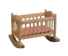 Maison De Poupée Berceau En Bois Nu Avec Matelas Rose 1:12 Mobilier De Nurserie