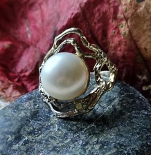 Bague Unique Vintage Argent 925 & Vermeil Perle Culture Péridot Taille 58