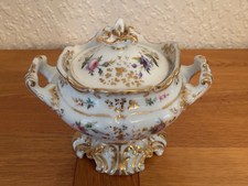 Grand Pot couvert, sucrier Blanc et or décor de fleurs en porcelaine de Paris