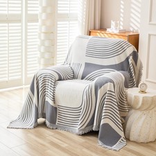 Housse de canapé en chenille avec pompons - Style bohème avec motif géométriq...