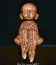 5.2" Old Chinese Boxwood Wood Carved Seat Buddhist monk shaveling Heshang Statue