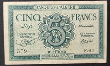 Algérie billet de 5 francs du 16/11/1942 ! Pick-91