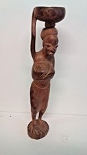 Statuette bois  femme Africaine porteuse d'eau avec enfant au dos haut 42 diam 8