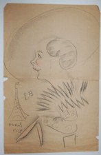 Parisienne 1937 dessin fusain crayon signé "EB" ? mode Tour Eiffel caricature