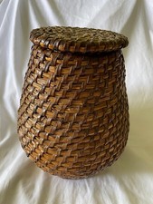 Superb Antique French Hand Woven Lidded Wicker Coiled Basket c1900s 12"