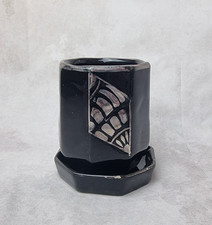 Pot à Crayons Art Déco Céramique Noire - Motifs argentés - Déco Bureau Vintage