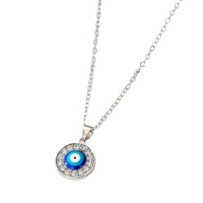 Collier Turc Méchant Oeil Pendentif Rond Argenté avec Accent Diamant Longueur