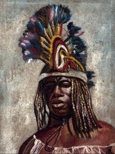 Guerrier Africain. Tableau ancien huile sur toile. Signé M. Charles. Années 50.