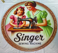 Plaque Métal Tôlée Vintage 20X20  RONDE  PUBLICITE  MACHINE A COUDRE SINGER
