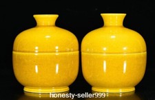 5" China Yongzheng Dynasty Yellow Glaze Porcelain Pot Jar Crock Jug Statue Pair