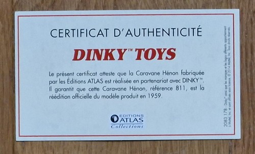 Dinky toys atlas certificat - dinky,