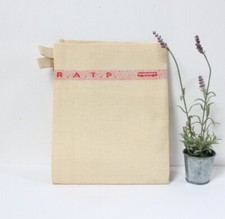 Très grand torchon essuie-main brodé ancien en lin RATP métro Paris