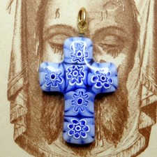 Cross, Murano, Millefiori. Blue Glass Medal. Vintage Religious Pendant.