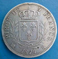 Louis XVIII , écu de 5 francs argent 1814 K Bordeaux