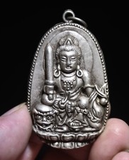2.4 "antique chinois Hmong argent Bouddha Guanyin Statue du lion pendentif