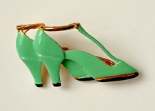 BROCHE Escarpin chaussure Femme vintage métal émaillé VERT Doré 3,7cm NEUVE
