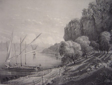 ROCHERS DE MEILLERIE Lithographie Bateaux à voile Bord du Lac Léman Grammont