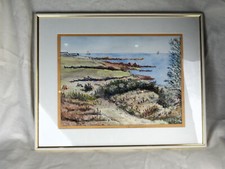 Côte bretonne : lande rase, phare et vague maisonnée bleue - aquarelle - XXème