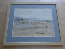 TABLEAU AQUARELLE PLAGE NORMANDE SIGNÉE  ENCADRÉ VITRE MER