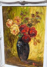 Tableau signé.  Bouquet de Fleurs. Peinture huile sur panneau de bois.