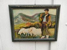 tableau peinture sur panneau pays Basque décor moutons Berger montagne signé