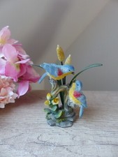 Figurine Couple de Petits Oiseaux Bleus et Jaunes en Résine Vintage