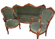  Salon en acajou  style Napoléon III Canapé + 2 fauteuils Velours vert