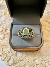 ANCIENNE BAGUE  MODERNISTE  ARGENT MASSIF FINITION OR  -EMERAUDE & AIGUE-MARINES