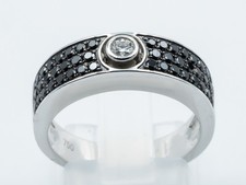 Bague jonc en or blanc Garel 18K, 750 ornée diamant rond et pavage di noirs T:54